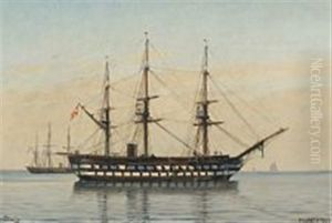 The Warship Skjold At Anchor In The Sound On A Calm Day by Christian Vigilius Blache