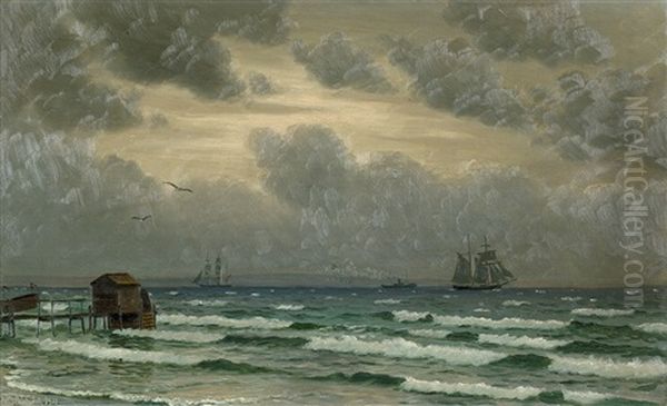 Sturmische See Mit Segelschiffen Und Dampfschiff - view 1