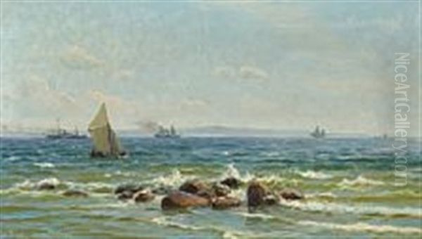 Costal Scenery With Steamers And Sailing Ships At The Sound - view 1
