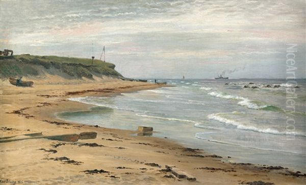Fischer Mit Ihren Booten Am Strand, Im Hintergrund Ein Dampfschiff - view 1
