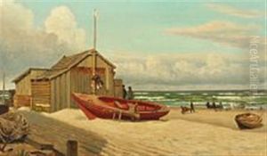 Coastal Scene From Hirtshals With Rowing Boats On The Beach by Christian Vigilius Blache