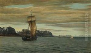 Seascape With Sailing Ships Off A Mountainous Coast With Snow by Christian Vigilius Blache