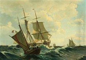 Seascapewith Three-masted Sailing Ship In Rough Seas Surrounded By Fishing Boats by Christian Vigilius Blache