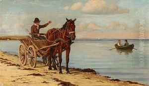 Horse-drawn Carriage On The Beach. The Farmer Greets Two Men In A Boat by Christian Vigilius Blache
