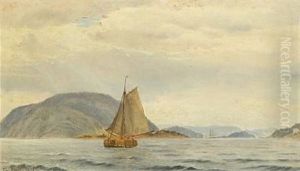 Seascape With Sailing Boats Along A Rocky Coast by Christian Vigilius Blache