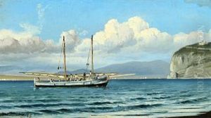 Coastal Scenery With A Sailing Ship In A Bay by Christian Vigilius Blache