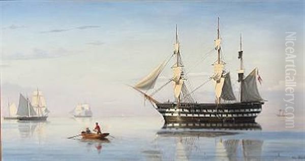 A Danish Frigate And Several Other Sailing Ships Laying At Anchor In Oresund - view 1