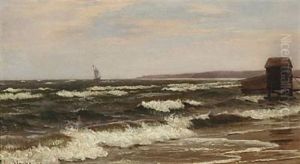 Coastal Scene With A Sailboat And A Bathhouse by Christian Vigilius Blache