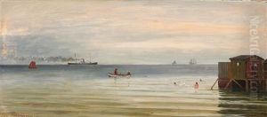 Scene From Helgoland With Swimmers, In The Background Sailing Ships