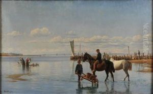 An Extensive Shore Scene - A Soldier Boy Groom Watering Horses, Women Washing Clothes, Sailing Barge At A Jetty, Other Boats Offshore