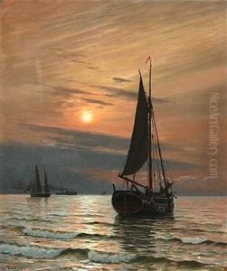 Early Morning At Sea With Sailing Ships And Fishing Boats by Christian Vigilius Blache