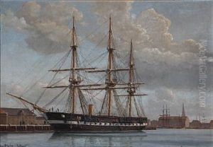 The Danish Frigate "jylland" At Holmen's Quay In Copenhagen by Christian Vigilius Blache