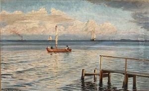 Coastal Scene With Two Persons In A Small Sailingboat by Christian Vigilius Blache