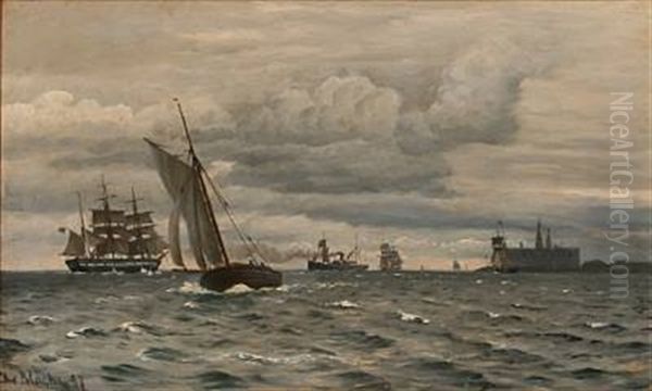 Coastal Scene From Elsinor Castle With Sailing Ships On The Sea - view 1