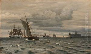 Coastal Scene From Elsinor Castle With Sailing Ships On The Sea by Christian Vigilius Blache