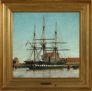 The Danish Frigate Niels Juel At The Quay by Christian Vigilius Blache