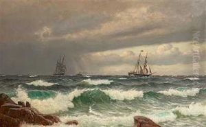 Kystparti Med Sejlskibe Pa Oprort Hav by Christian Vigilius Blache