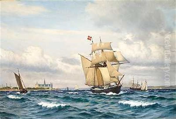 Brigantine Og Andre Sejlskibe I Sundet Med Kronborg I Baggrunden - view 1