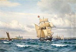 Brigantine Og Andre Sejlskibe I Sundet Med Kronborg I Baggrunden by Christian Vigilius Blache