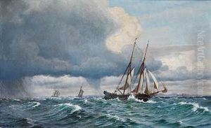 Sejlskibe Pa Havet I Blaest Og Regn by Christian Vigilius Blache