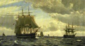 Marine Med To Fregatter Pa Havet by Christian Vigilius Blache
