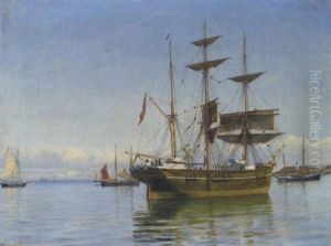 Norsk Tremaster Og Danske Sejlskibe Ud For Kysten En Stille Dag by Christian Vigilius Blache
