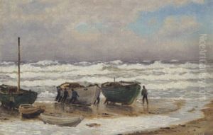 Fiskere Ved Deres Bade I Strandkanten Fiskere Ved Deres Bade I Strandkanten