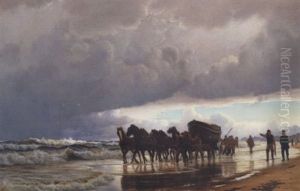 Redningsbaden Kjores Til Strandingsstedet. Motiv Fra Jyllands Vestkyst