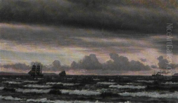 Marine Med Sejlskibe Pa Havet Ved Aftentide - view 1