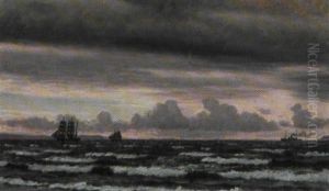 Marine Med Sejlskibe Pa Havet Ved Aftentide by Christian Vigilius Blache