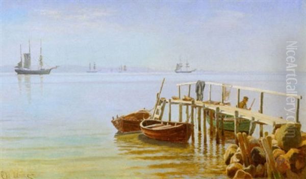 Sommerstemning Ved En Badebro, I Baggrunden Sejlskibe - view 1