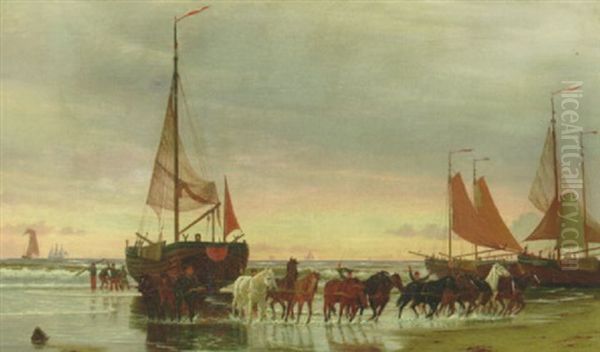 Fra Stranden Ved Scheweningen. Et Fiskerfartoj Slaebes Pa Land - view 1