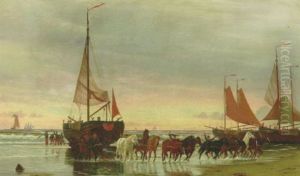 Fra Stranden Ved Scheweningen. Et Fiskerfartoj Slaebes Pa Land by Christian Vigilius Blache