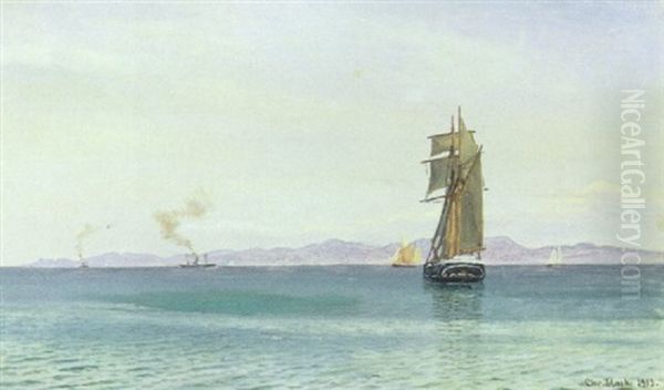 Marine, Skibe Pa Havet, I Baggrunden Kyst - view 1
