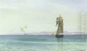 Marine, Skibe Pa Havet, I Baggrunden Kyst by Christian Vigilius Blache