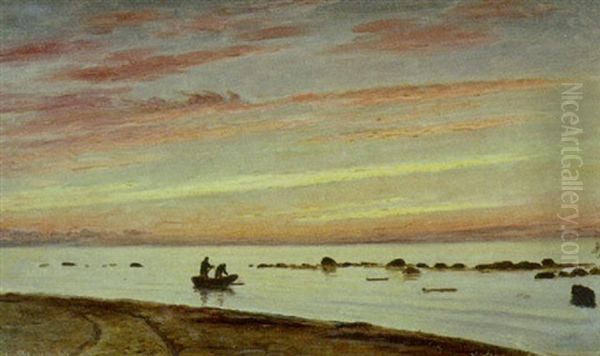 Kystparti Ved Solnedgang Med Personer I Jolle - view 1