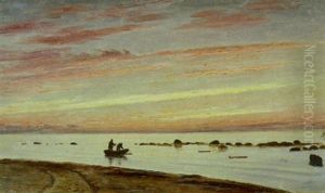 Kystparti Ved Solnedgang Med Personer I Jolle by Christian Vigilius Blache