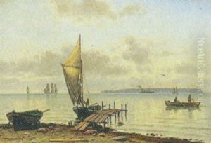 Marine Med Sejlskibe Og Personer Pa Stranden by Christian Vigilius Blache