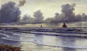Marine Med Bolger, Der Ruller Ind Mod Stranden Og Store Sorte Regnvejrsskyer by Christian Vigilius Blache