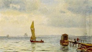 Marine Med Sejlskibe Pa Oresund, I Forgrunden Figurer Pa En Badebro
