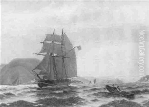 Marine Fra Skaergarden Med Flere Sejlskibe, I Forgrunden Skonnert Med Norsk Flag - view 1