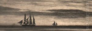 Marine Med Sejlskibe, Solnedgang by Christian Vigilius Blache
