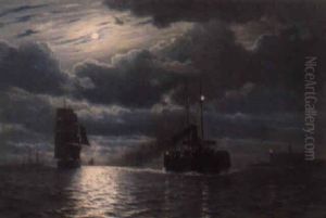 Marine Med Damper Og Sejlskibe Udfor Kronborg by Christian Vigilius Blache