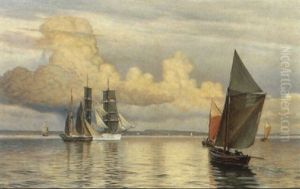 Marine Med Sejlskibe Pa Eresund En Stille Sommerdag