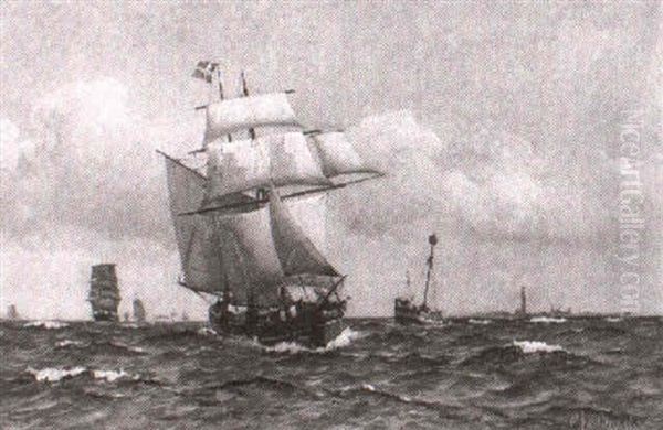 Marine, Sejlskibe Pa Havet, Den Ene Med Svenske Flag - view 1