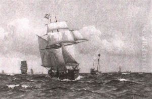 Marine, Sejlskibe Pa Havet, Den Ene Med Svenske Flag by Christian Vigilius Blache