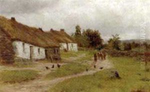 A Woman And Cattle On A Track Passing Cottages A Woman And Cattle On A Track Passing Cottages