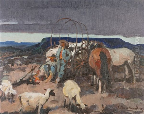 Sheepherders Resting Against A Wagon With Sheep And Horses - view 1