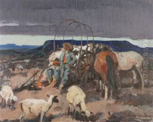 Sheepherders Resting Against A Wagon With Sheep And Horses by Laverne Nelson Black