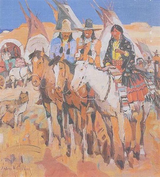 Native Americans On Horseback At Desert Encampment - view 1